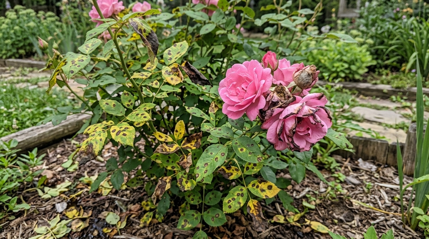 Uma roseira cultivada no jardim com rosas cor-de-rosa. A folhagem está severamente atacada por fungos, apresentando diversas folhas amareladas cobertas por manchas pretas arredondadas. Algumas flores também aparecem murchas e secas.