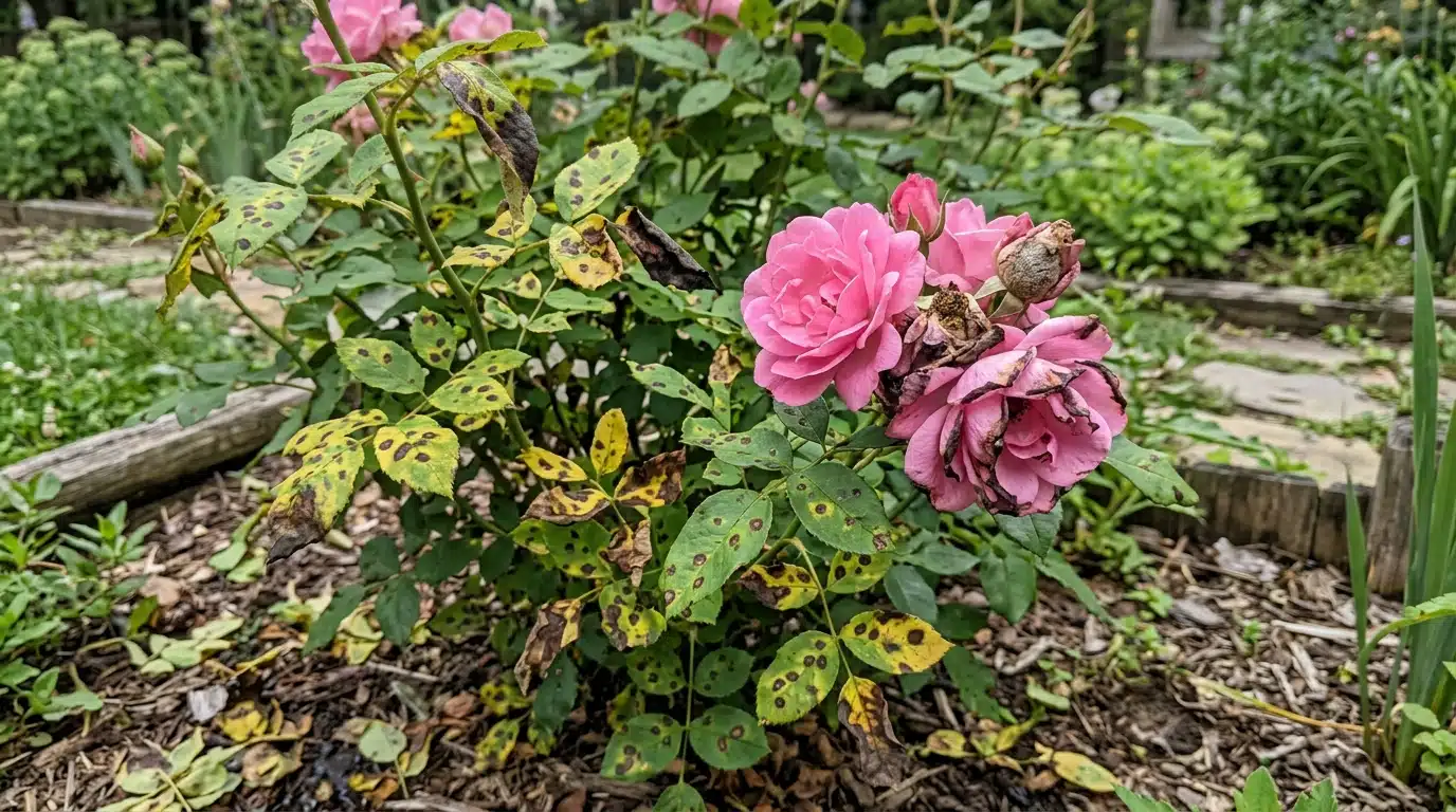 Uma roseira cultivada no jardim com rosas cor-de-rosa. A folhagem está severamente atacada por fungos, apresentando diversas folhas amareladas cobertas por manchas pretas arredondadas. Algumas flores também aparecem murchas e secas.