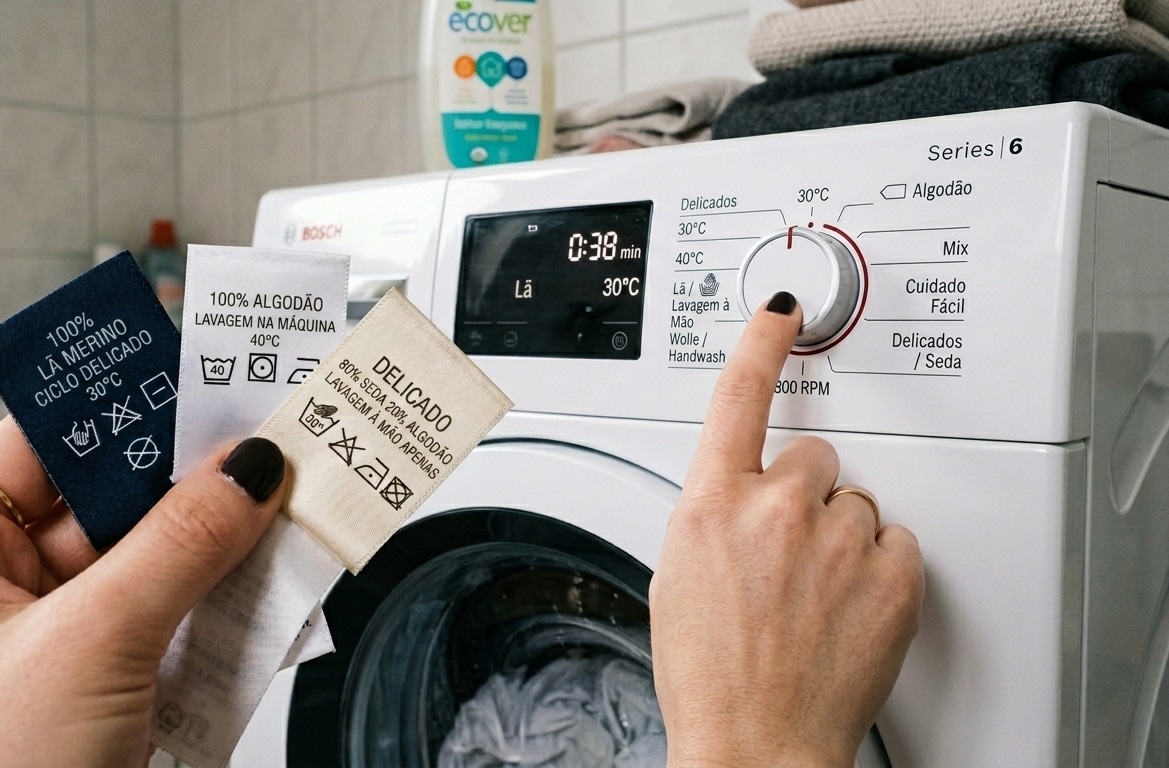 Mão esquerda segurando três etiquetas de tecido detalhando instruções de lavagem para lã, algodão e seda, enquanto a mão direita gira o botão seletor de uma máquina branca.