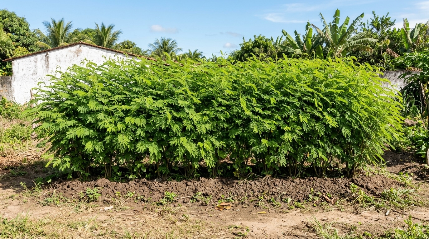 Fileira densa de arbustos de sansão-do-campo com folhas verdes miúdas crescendo em uma faixa de terra arada para formar uma cerca viva.