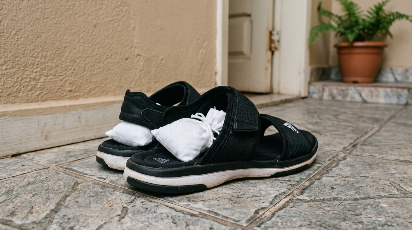 Par de sandálias esportivas pretas com tiras de velcro repousando sobre o piso de lajotas de uma varanda. Acomodado dentro da tira de cada sandália, há um pequeno sachê de tecido branco amarrado com um cordão.