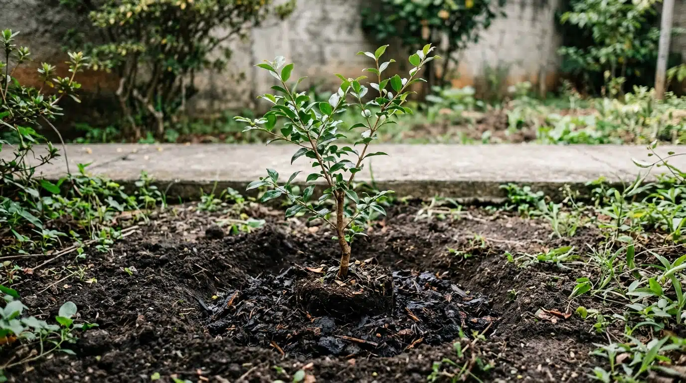Pequena muda de árvore recém-plantada na terra adubada de um quintal, cercada por vegetação rasteira e uma calçada de cimento.