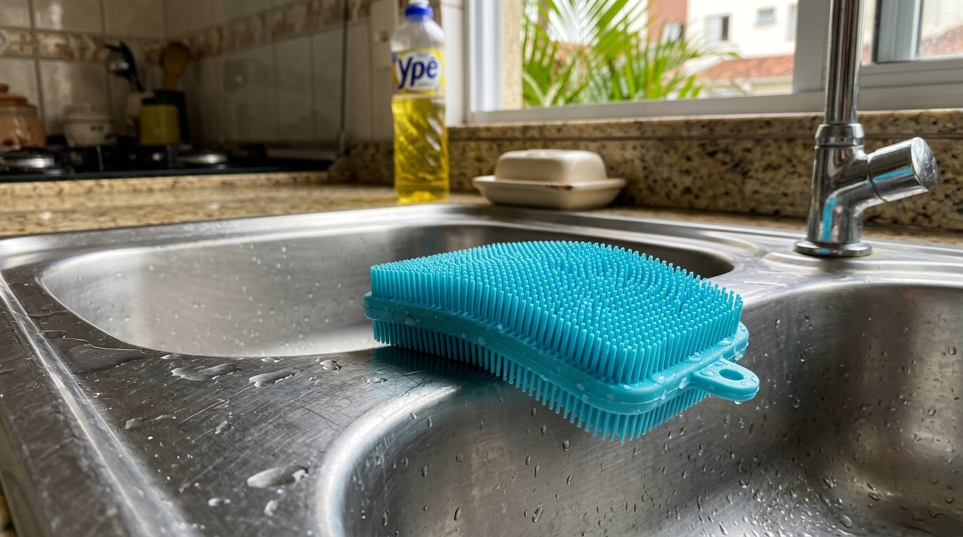 Esponja de silicone azul com pequenas cerdas flexíveis apoiada na divisória molhada de uma pia de aço inoxidável.