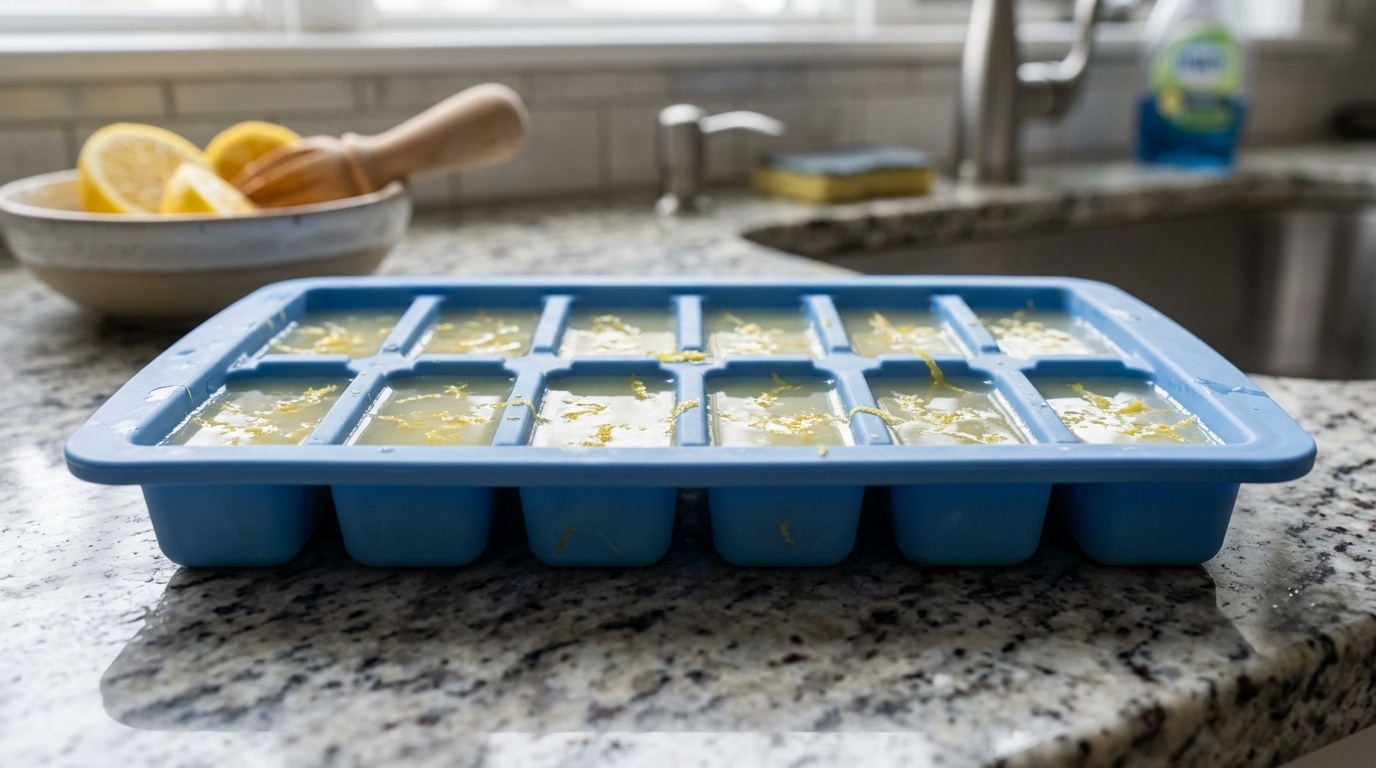 Forma de gelo de silicone azul sobre uma bancada de granito. Os compartimentos estão preenchidos com um líquido amarelo-claro e raspas de casca de limão. Ao fundo, limões cortados e um espremedor de madeira.
