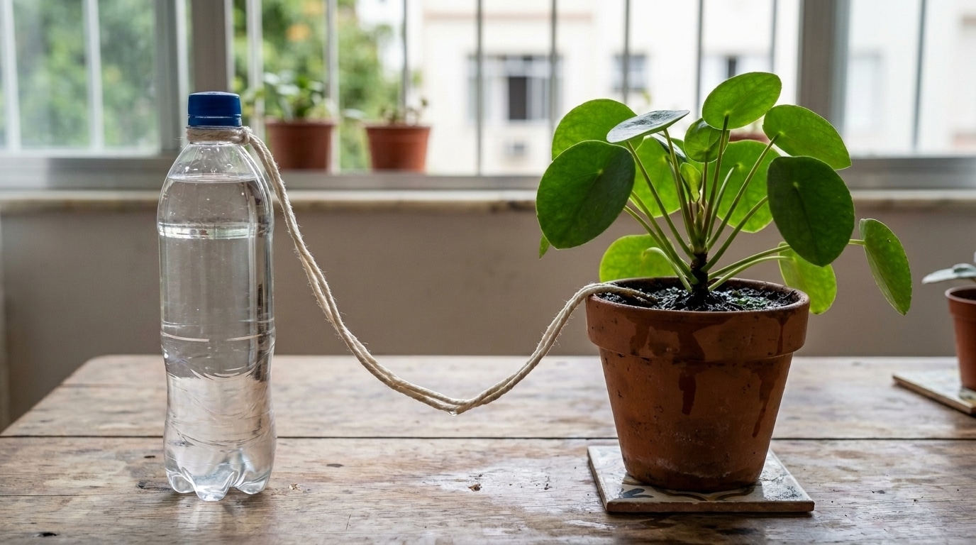 Garrafa de água transparente em pé conectada por um barbante grosso à terra de um pequeno vaso de barro com uma planta Pilea.
