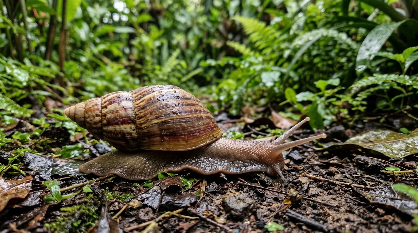 Um grande caramujo com concha cônica marrom de listras claras rastejando sobre o solo úmido coberto por folhas secas e terra. Ao fundo, vegetação densa e verde desfocada.