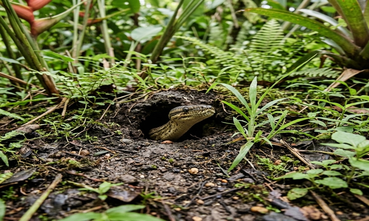 Um buraco profundo e completamente escuro cavado diretamente na terra do jardim. A entrada da toca é cercada por raízes de árvores expostas, galhos finos, folhas secas e capim verde, que ajudam a camuflar o acesso.