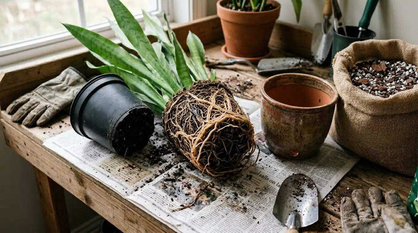 Uma Espada-de-São-Jorge volumosa em um vaso de cerâmica bege sobre uma mesa de madeira, posicionada ao lado de uma porta de vidro. As folhas centrais estão eretas, mas diversas folhas laterais estão tombadas e caídas para fora do vaso.