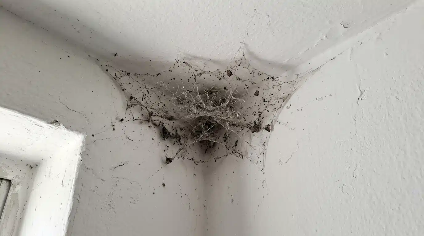 Foco em detalhe de uma quina entre a parede e o teto brancos, completamente tomada por uma teia de aranha espessa, escura e carregada de poeira e pequenos detritos acumulados.