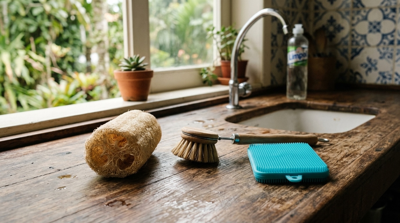 Bancada de madeira rústica com uma bucha vegetal natural, uma escova com cabo de madeira e uma esponja de silicone azul ao lado de uma pia branca.