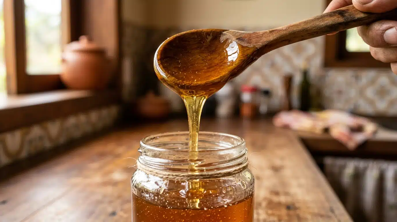 Mão segurando uma colher de madeira rústica levantando uma porção de mel denso e dourado de dentro de um pote de vidro.