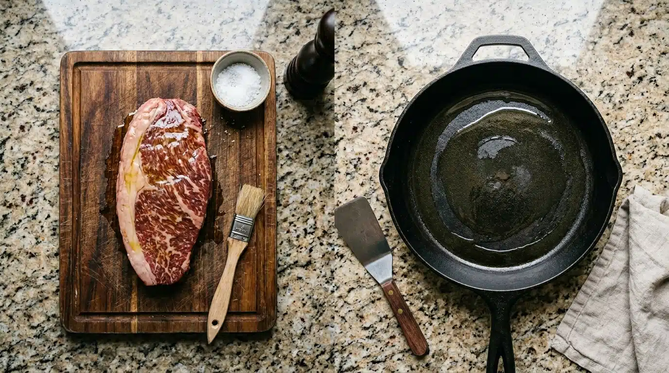 Imagem dividida mostrando o preparo inicial. À esquerda, uma peça de carne crua sobre uma tábua de madeira com sal grosso, pincel culinário e moedor de pimenta. À direita, uma frigideira de ferro fundido com óleo disposta sobre uma bancada de granito.