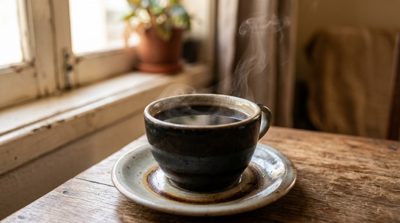 Uma xícara de cerâmica rústica sobre um pires, cheia de café escuro e quente exalando bastante fumaça, apoiada em uma mesa de madeira envelhecida perto de uma janela.