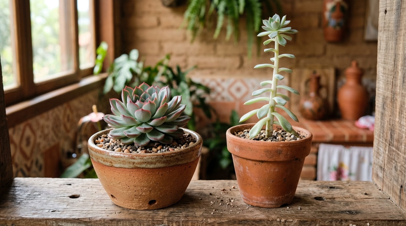 Dois vasos de barro posicionados lado a lado sobre uma prateleira de madeira rústica. O vaso da esquerda abriga uma suculenta (Echeveria) perfeitamente em formato de roseta, compacta e com bordas avermelhadas. O vaso da direita contém uma suculenta pálida com um caule anormalmente longo e fino, com folhas muito espaçadas entre si.