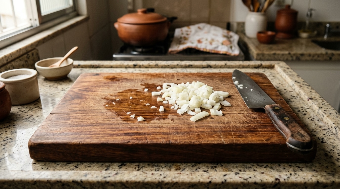 Tábua de madeira rústica com marcas de uso sobre bancada de granito, contendo cebola branca picada e uma faca de chef com cabo de madeira.