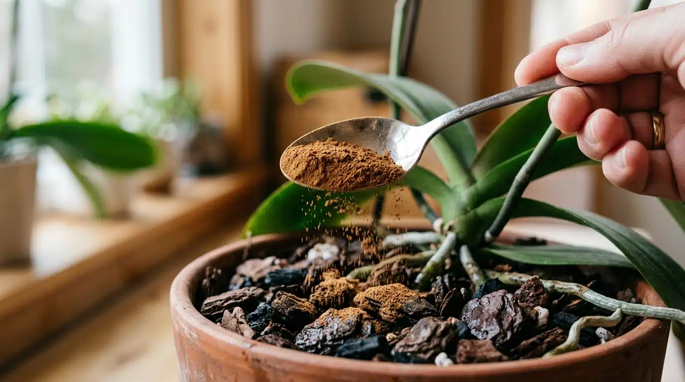 Mão segurando uma colher de chá e polvilhando canela em pó sobre o substrato rústico feito de cascas de pinus na base de uma orquídea.