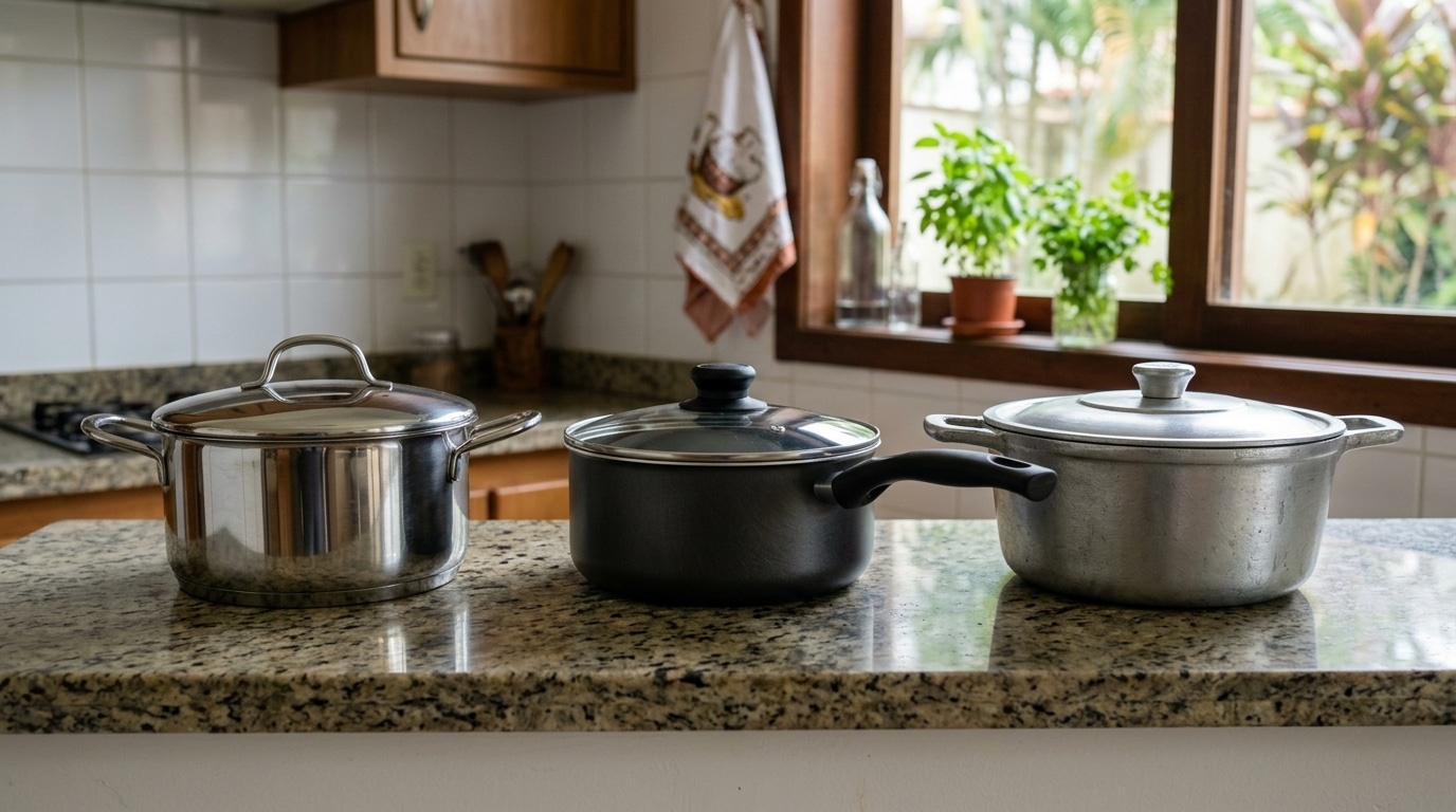 Três panelas alinhadas sobre uma bancada de granito: uma de inox brilhante, uma antiaderente escura com tampa de vidro e uma rústica de alumínio fosco.