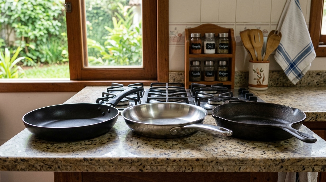 Três frigideiras diferentes alinhadas lado a lado sobre uma bancada de granito claro em uma cozinha. Da esquerda para a direita: uma frigideira preta antiaderente, uma de aço inox brilhante e uma de ferro fundido escuro.