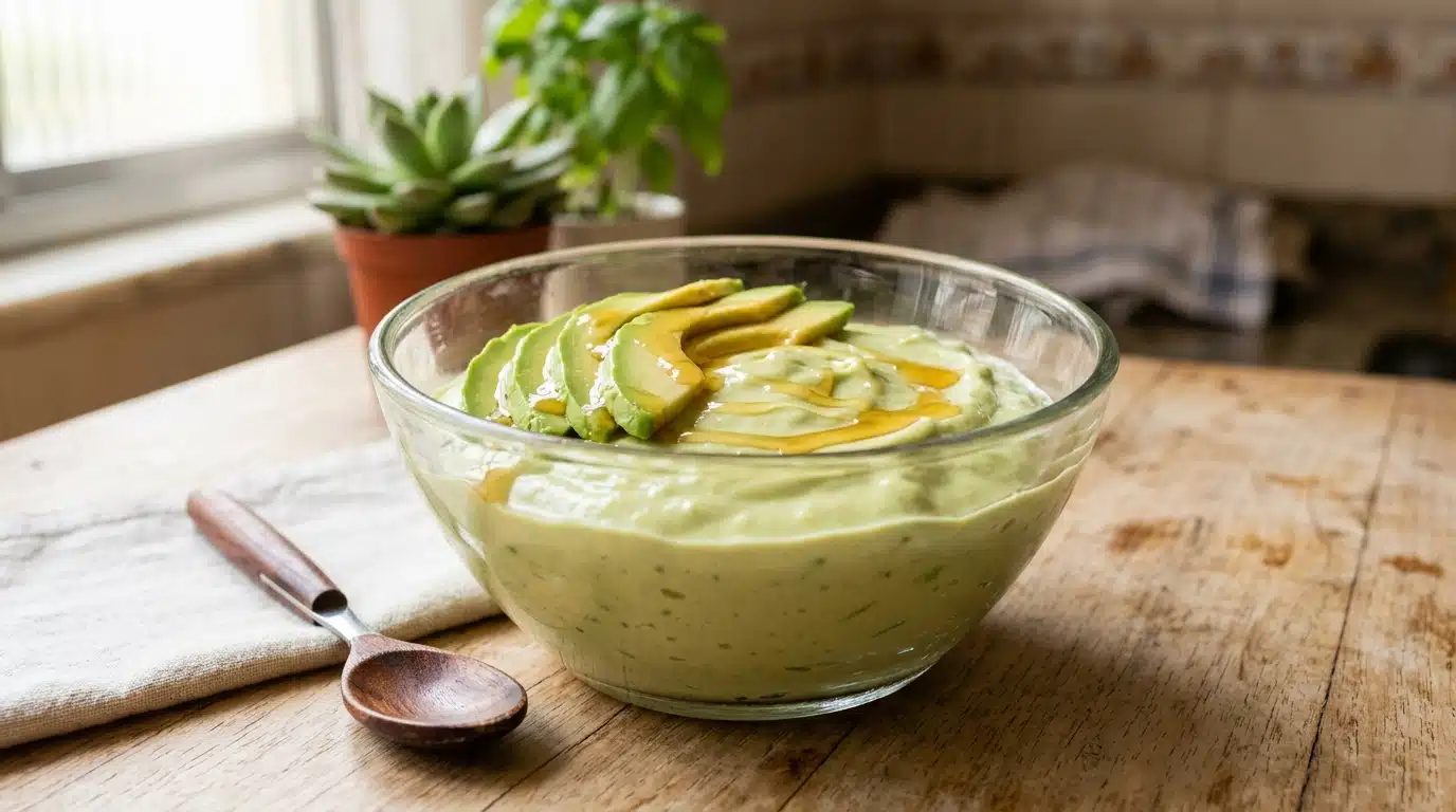 Tigela de vidro transparente servida com um creme verde claro e espesso de abacate, finalizada com finas fatias da fruta e generosos fios de mel por cima. O recipiente repousa sobre uma mesa de madeira rústica, ao lado de uma colher de pau.