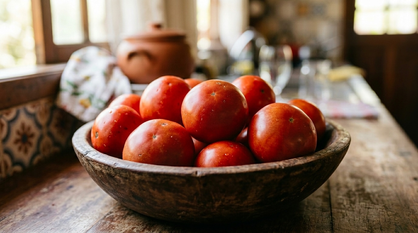 Tigela rústica de madeira envelhecida cheia de tomates vermelhos, frescos e maduros, posicionada sobre uma bancada de cozinha iluminada pela luz natural da janela.