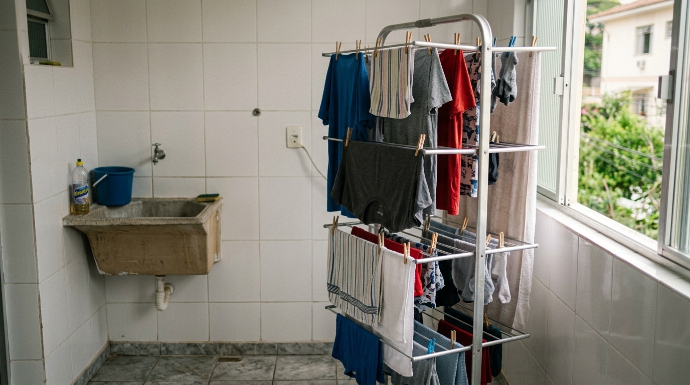 Varal de chão vertical de alumínio com três andares cheio de roupas e toalhas estendidas ao lado de uma grande janela aberta em uma lavanderia simples.
