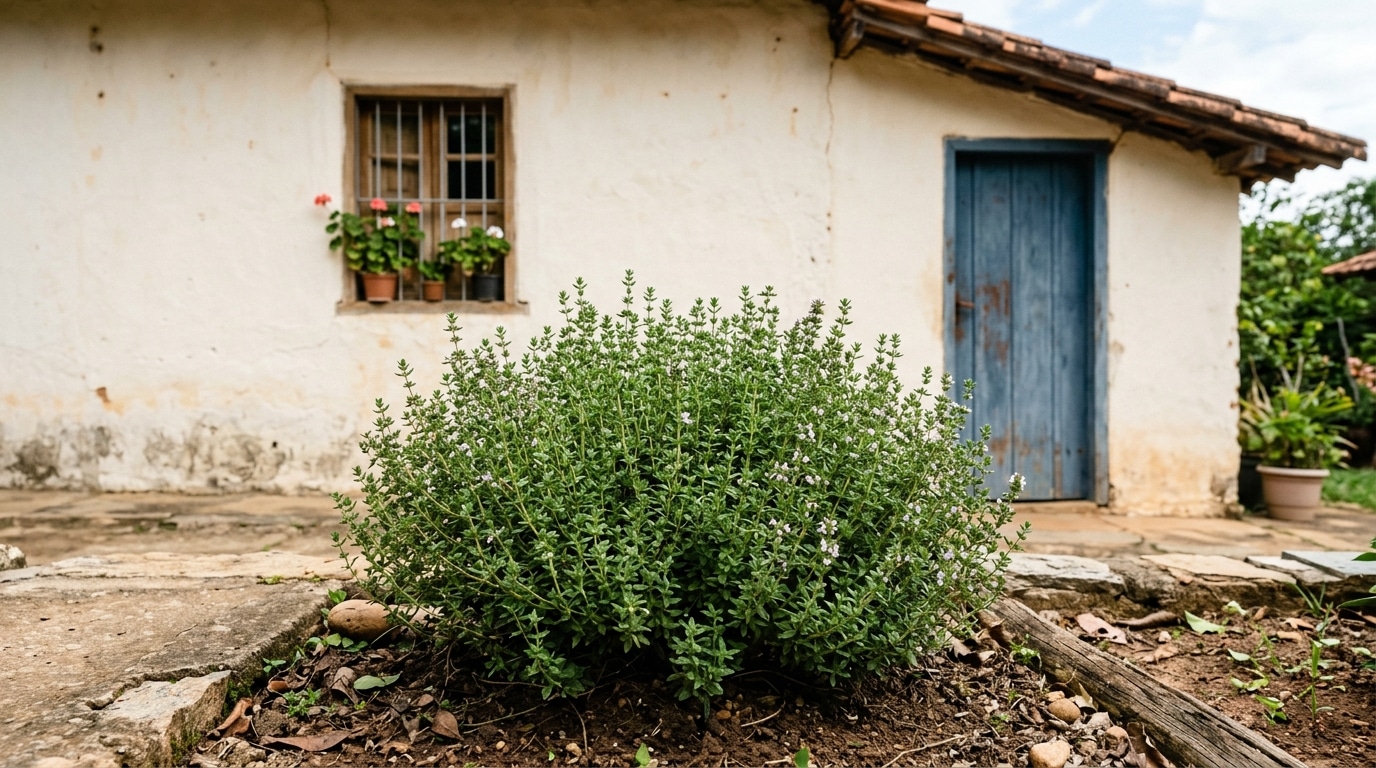 Grande arbusto arredondado de tomilho verde com pequenas flores brancas plantado na terra. Ao fundo, uma casa rústica branca com janela de madeira e porta azul desgastada.
