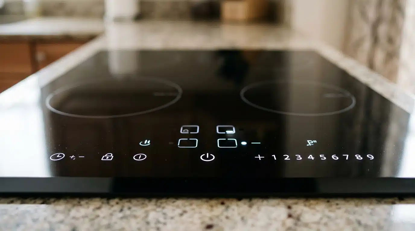 Close-up em ângulo baixo de uma placa de vidro preto espelhado. Sob a superfície lisa, ícones geométricos luminosos e uma sequência de números de 1 a 9 brilham em LED branco e nítido. O fundo exibe uma bancada de granito claro em desfoque suave.