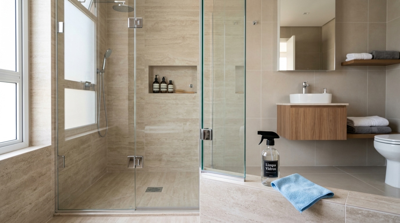Um banheiro moderno revestido em porcelanato bege com um grande box de vidro totalmente limpo e transparente. Em primeiro plano, apoiados na borda da banheira, estão um frasco borrifador preto escrito 'Limpa Vidros' e um pano de microfibra azul dobrado.