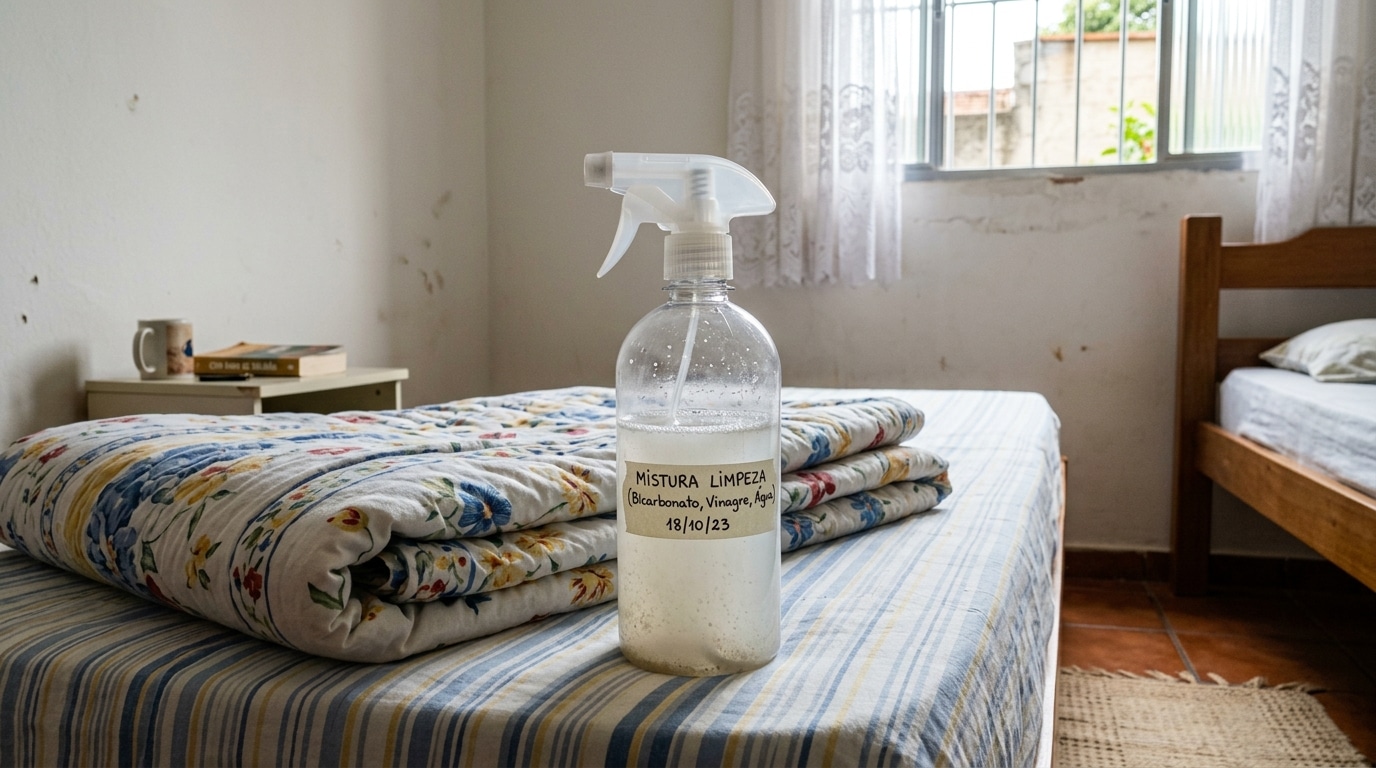 Um frasco borrifador transparente contendo um líquido turvo com uma etiqueta escrita 'MISTURA LIMPEZA (Bicarbonato, Vinagre, Água) 18/10/23'. O frasco está apoiado sobre uma cama de estrado de madeira com um edredom de estampa floral dobrado ao fundo, em um quarto iluminado pela janela.