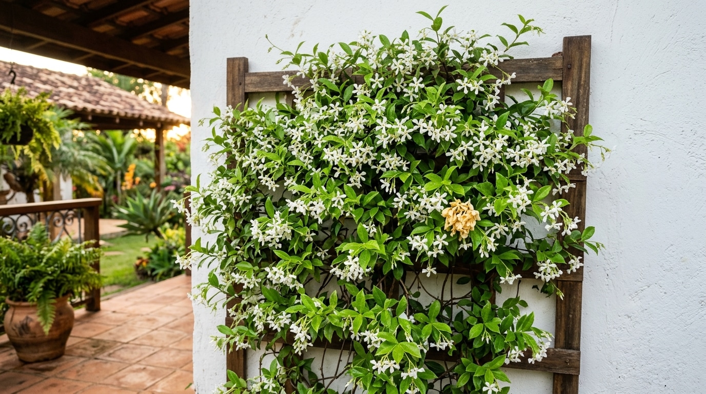 Treliça rústica de madeira fixada em uma parede branca, coberta por galhos de jasmim-estrela com folhas verdes e delicadas flores brancas.