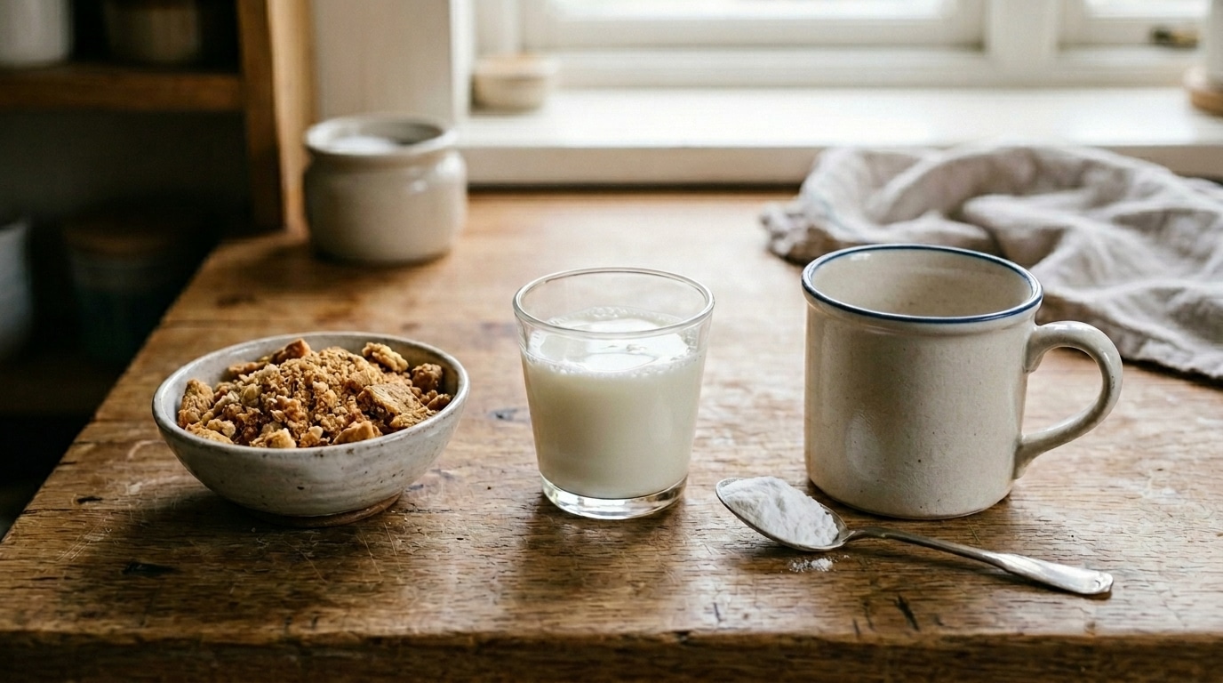 Mesa de madeira com uma tigela de biscoitos esfarelados, um copo de leite, uma colher de metal com pó branco e uma caneca bege vazia sob luz natural.