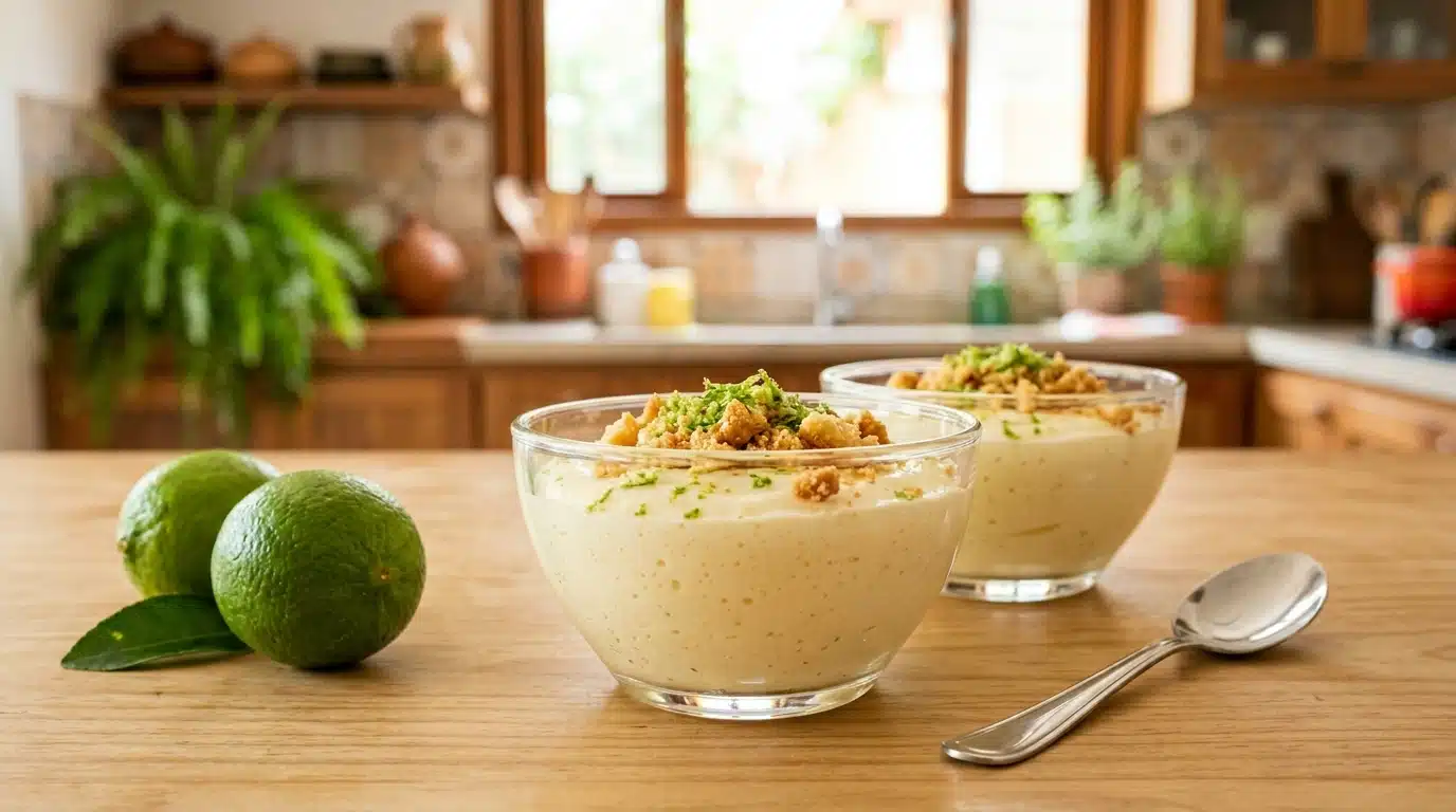 Duas taças de vidro preenchidas com creme de limão, decoradas com biscoitos triturados e raspas de limão no topo. Estão sobre uma mesa de madeira, acompanhadas de dois limões verdes inteiros e uma colher de sobremesa.