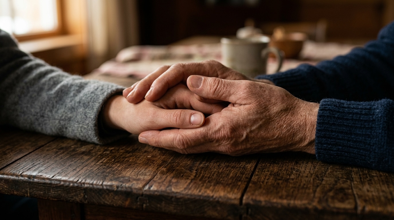Fotografia em close-up focada em um gesto de afeto e consolo. Duas mãos maduras e enrugadas seguram com delicadeza a mão de uma pessoa mais jovem sobre uma mesa de madeira rústica, transmitindo segurança e amparo.