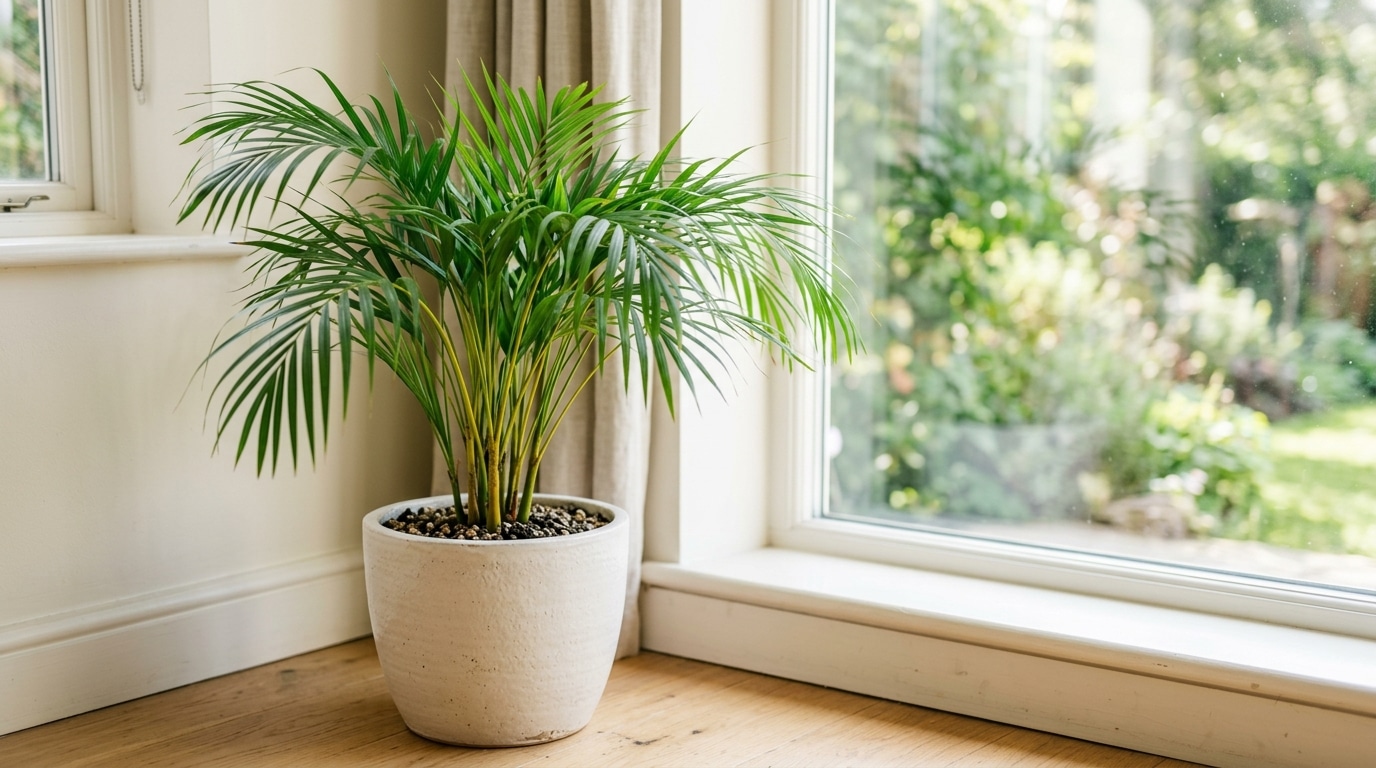 Palmeira areca-bambu plantada em um grande vaso de cerâmica branca texturizada no chão de madeira, posicionada ao lado de uma grande janela de vidro.