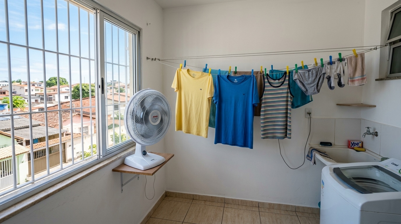 Área de serviço com grande janela aberta e um ventilador branco apontado para roupas estendidas em um varal. À direita, tanque e máquina de lavar.