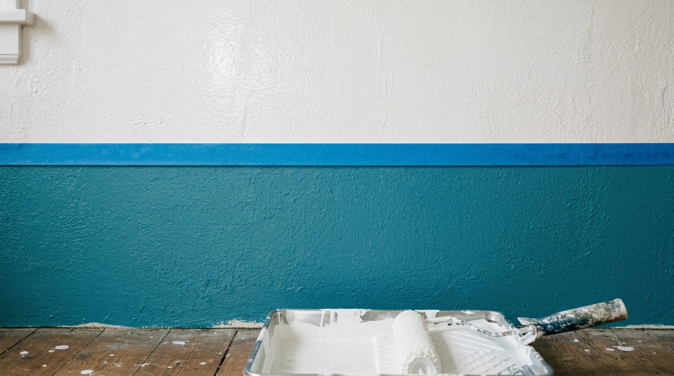 Parede dividida por uma fita adesiva azul horizontal. A parte inferior está pintada de verde-azulado e a superior de branco. No chão de madeira com respingos de tinta, há uma bandeja de alumínio com um rolo umedecido em tinta branca.