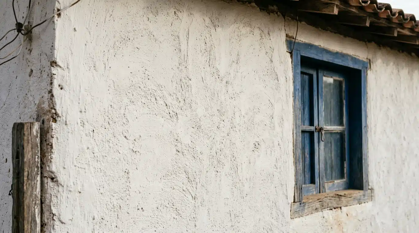 Parede externa rústica com textura áspera pintada de branco com cal, ao lado de uma pequena janela de madeira azul antiga.