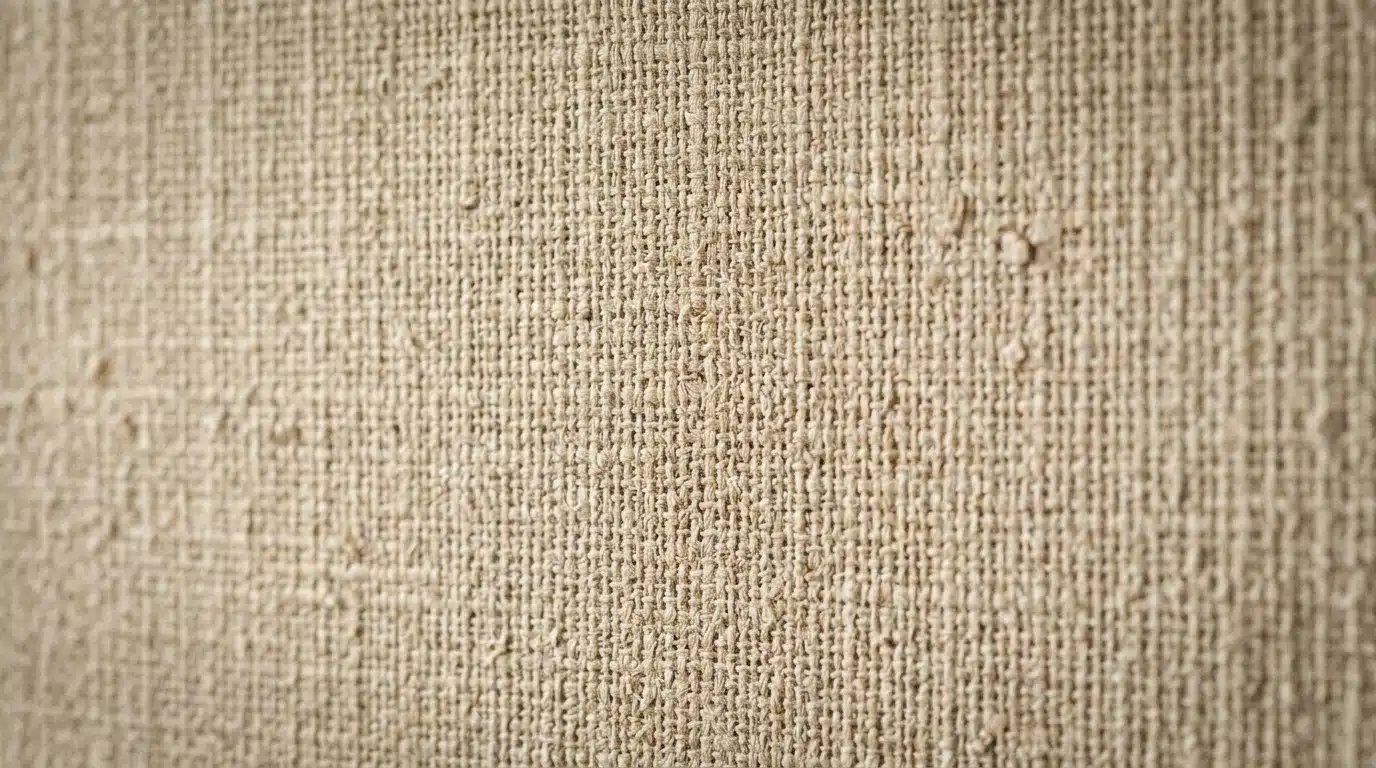 Fotografia em close-up de um papel de parede com textura de tecido rústico, semelhante a linho ou juta, em tons de bege claro. A iluminação lateral destaca as tramas cruzadas e as pequenas imperfeições naturais do material.