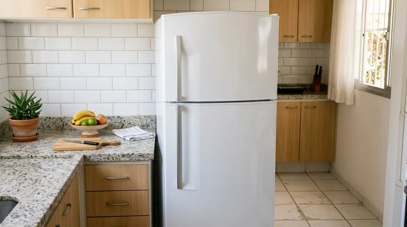 Geladeira branca de duas portas posicionada em uma cozinha clara com revestimento de tijolinhos brancos. À esquerda, uma bancada de granito exibe uma tábua de madeira, uma fruteira e um vaso com planta babosa.