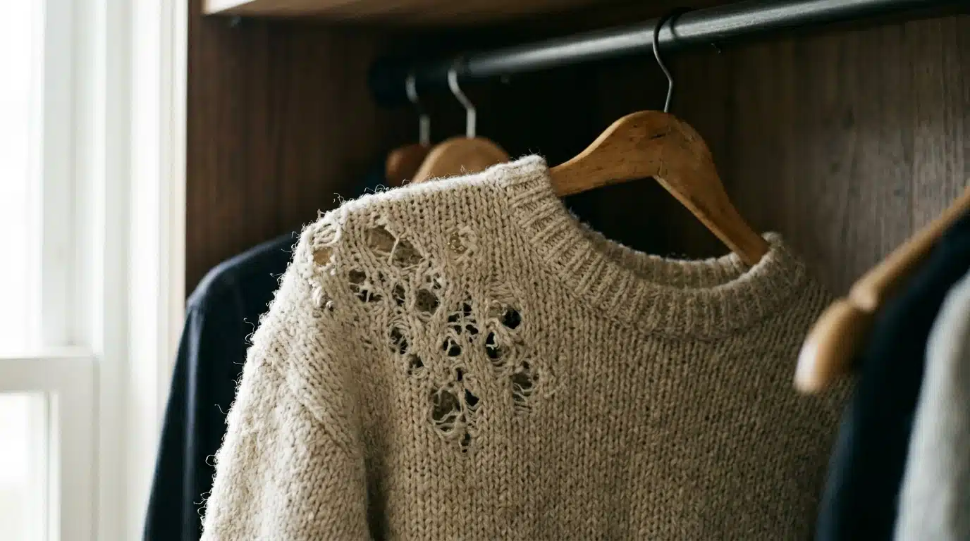 Suéter de lã bege pendurado em um cabide de madeira dentro de um guarda-roupa. A peça apresenta diversos buracos e fios desfiados na região do ombro, causados pela ação de traças.