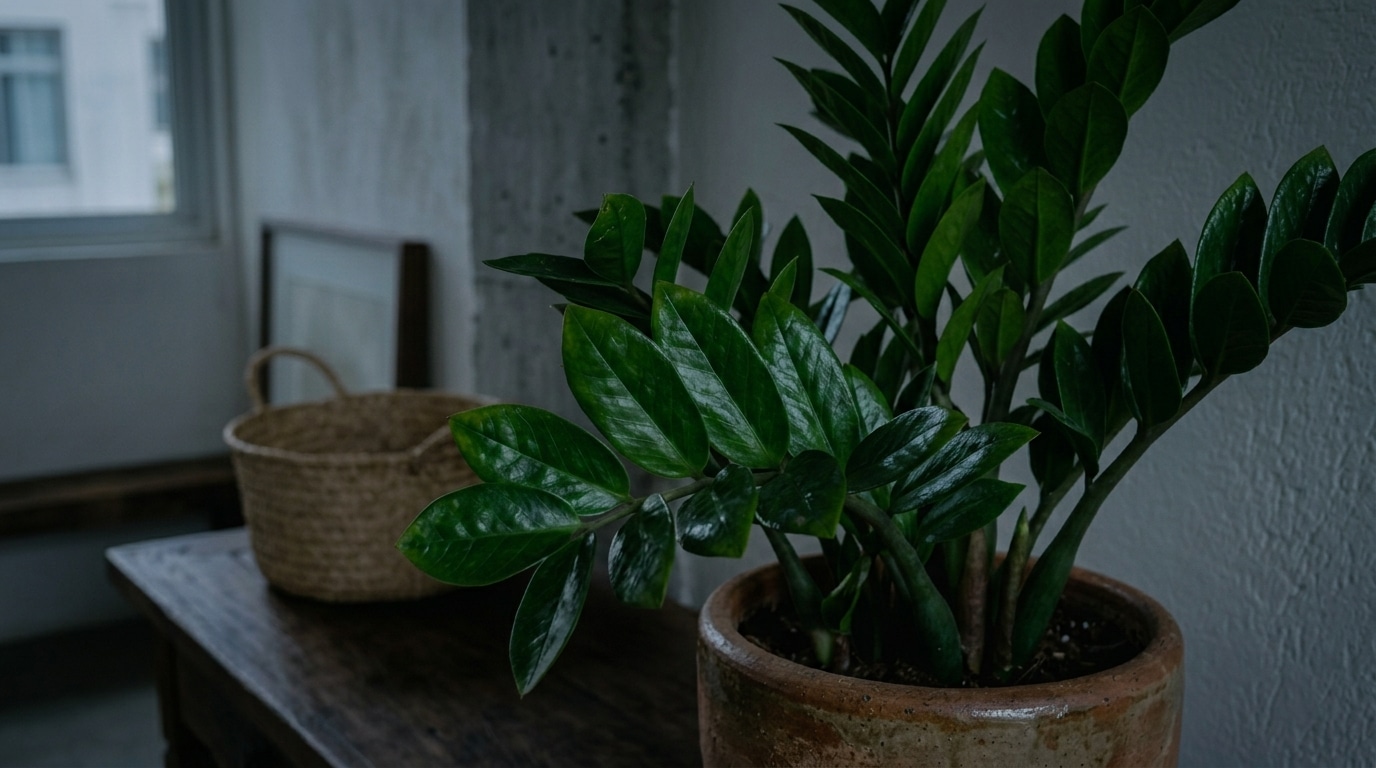 Planta Zamioculca de folhas verde-escuras e brilhantes em um vaso de cerâmica sobre um aparador de madeira em ambiente com luz suave.