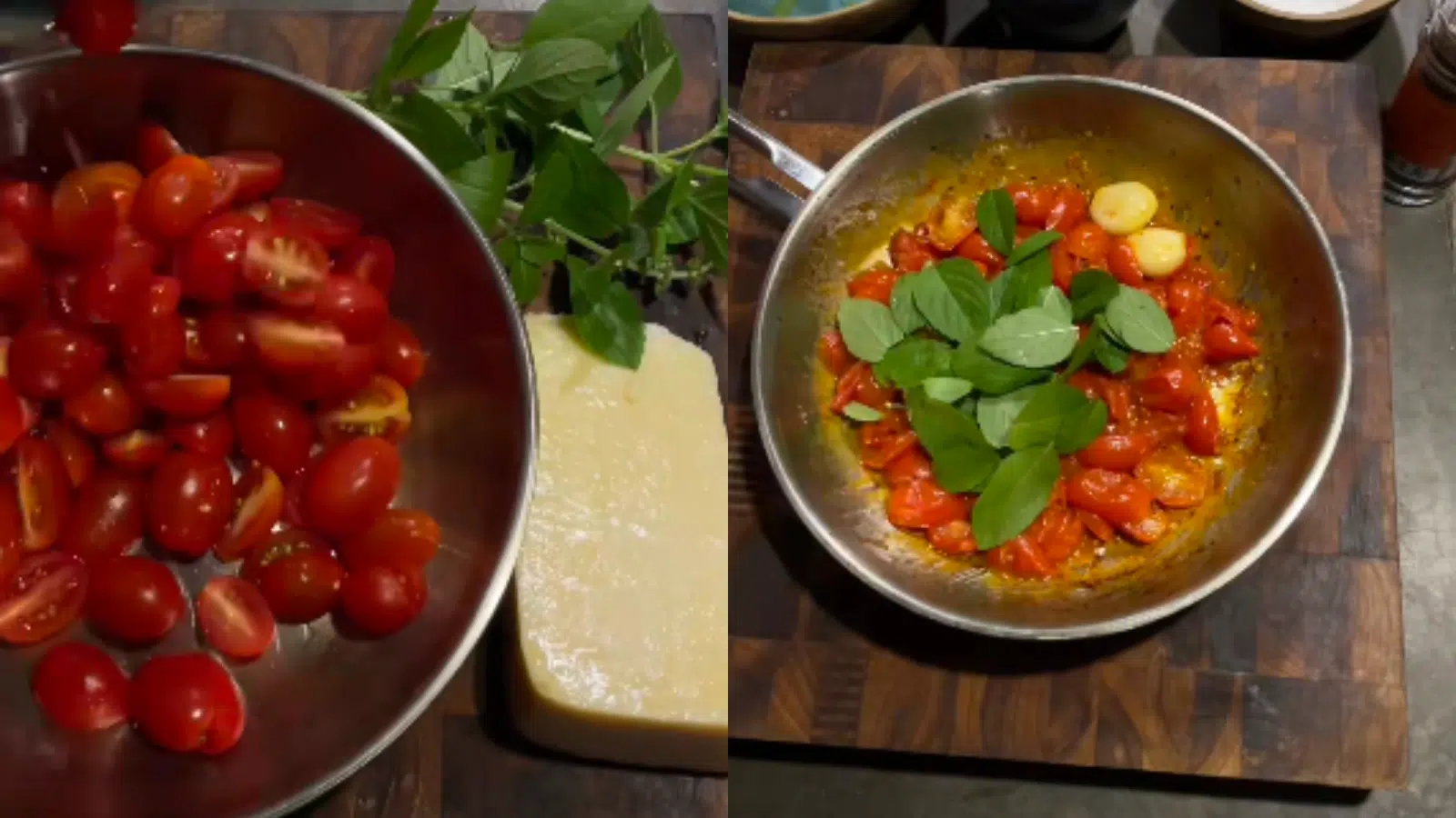Tomates-cereja, manjericão, alho e parmesão formam a base de um molho caprese cremoso e aromático para um jantar especial de Dia dos Namorados.
