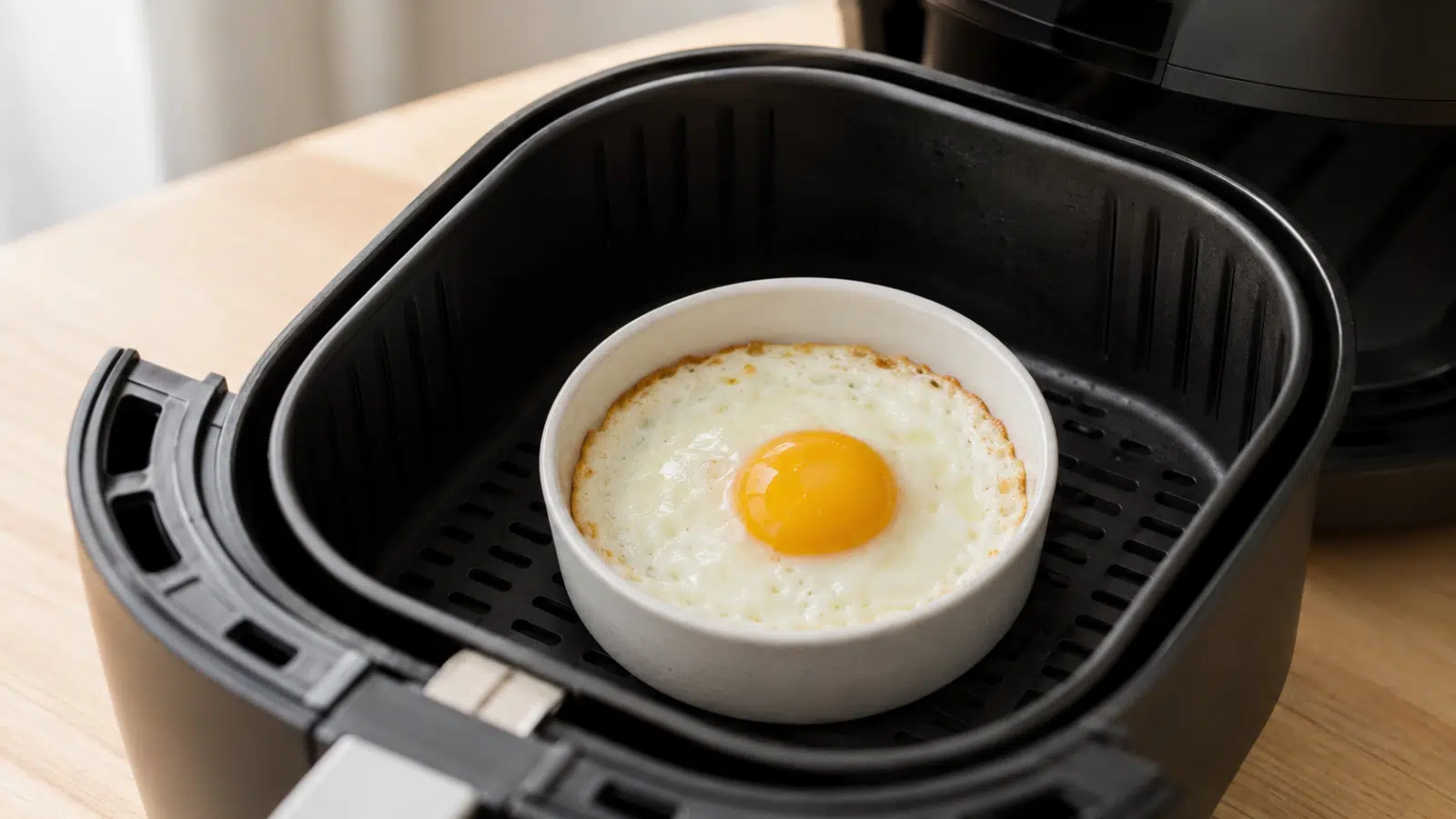 Ovo frito preparado em recipiente pequeno dentro da Air Fryer