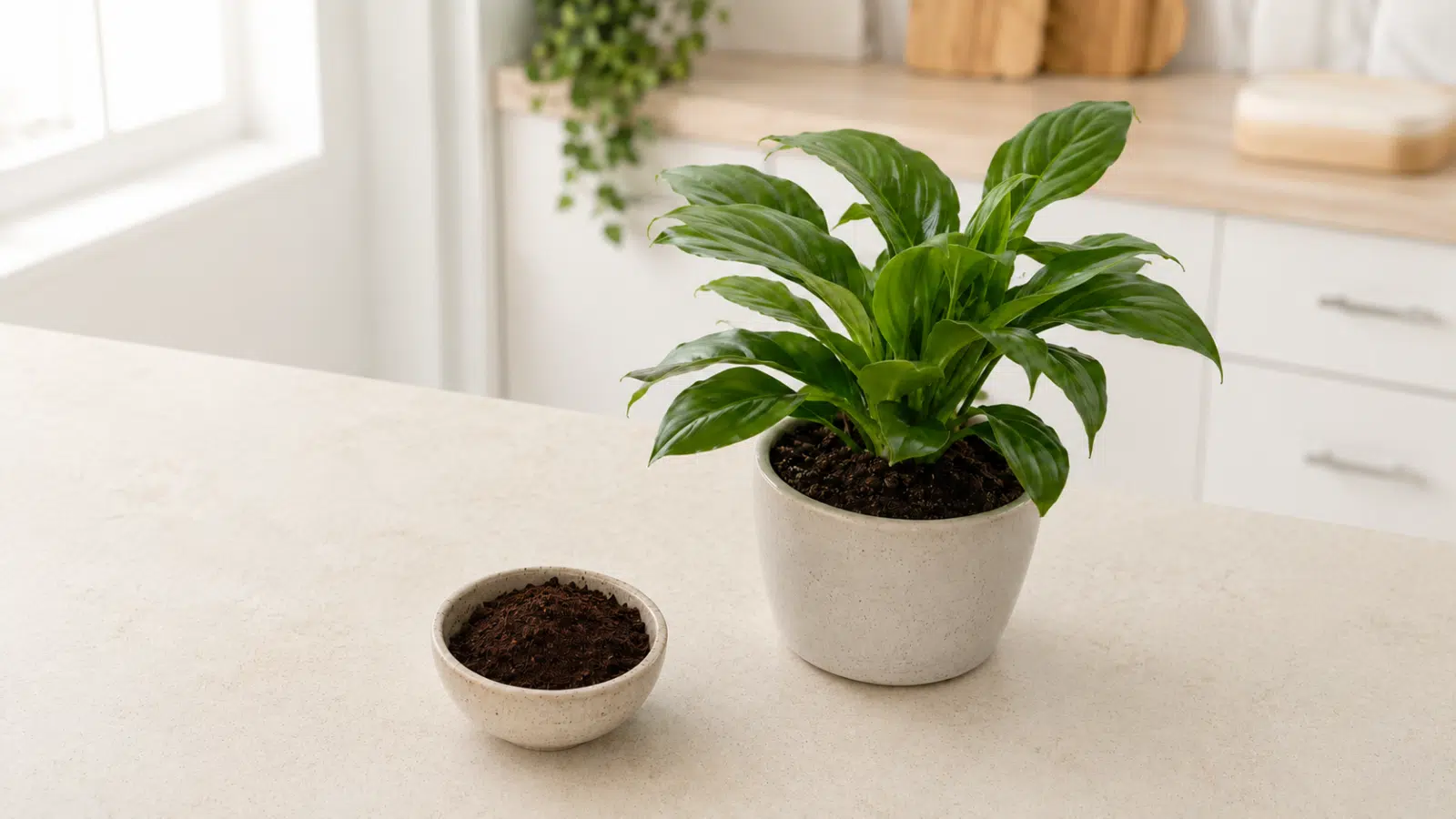 Planta verde saudável ao lado de um pequeno recipiente com borra de café
