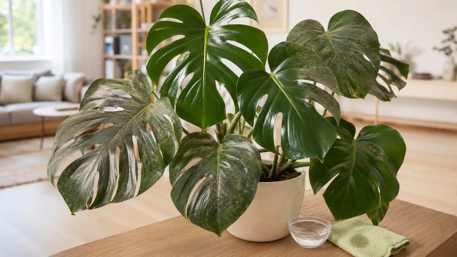 Folhas verdes de planta de interior limpas com pano macio e água