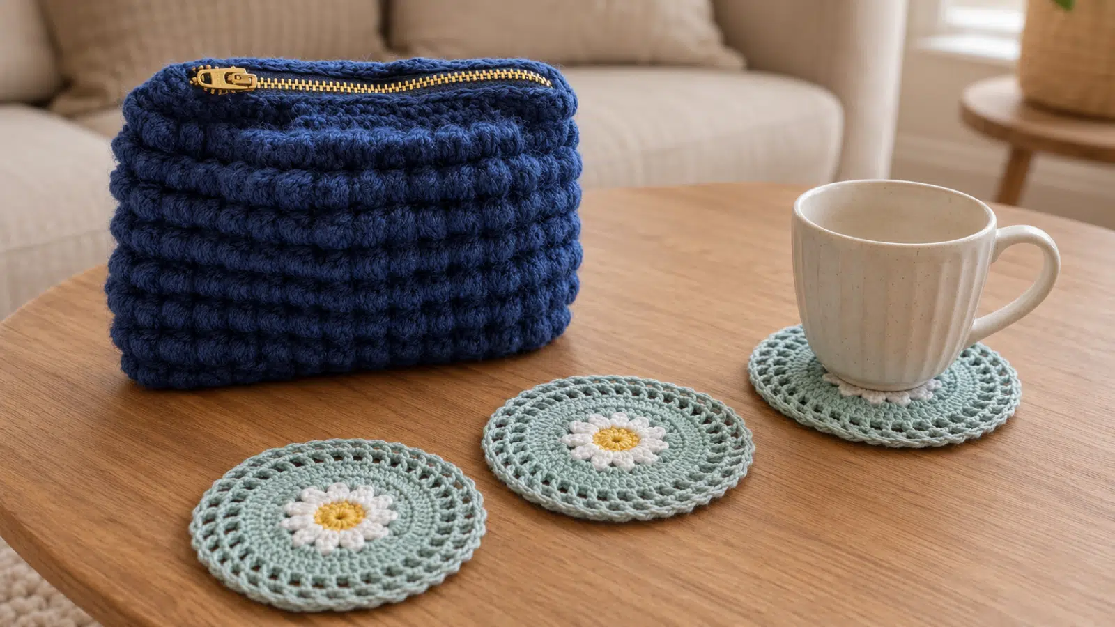 Bolsinha azul e porta-copos florais feitos em crochê sobre uma mesa