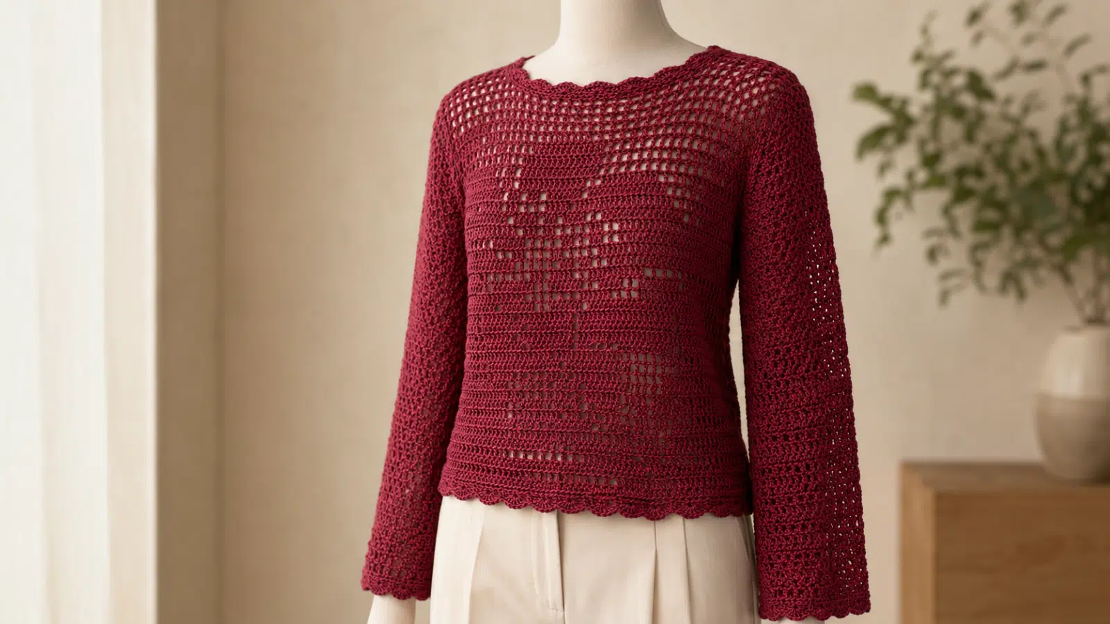Blusa Escarlete em crochê marsala com mangas longas exibida em manequim