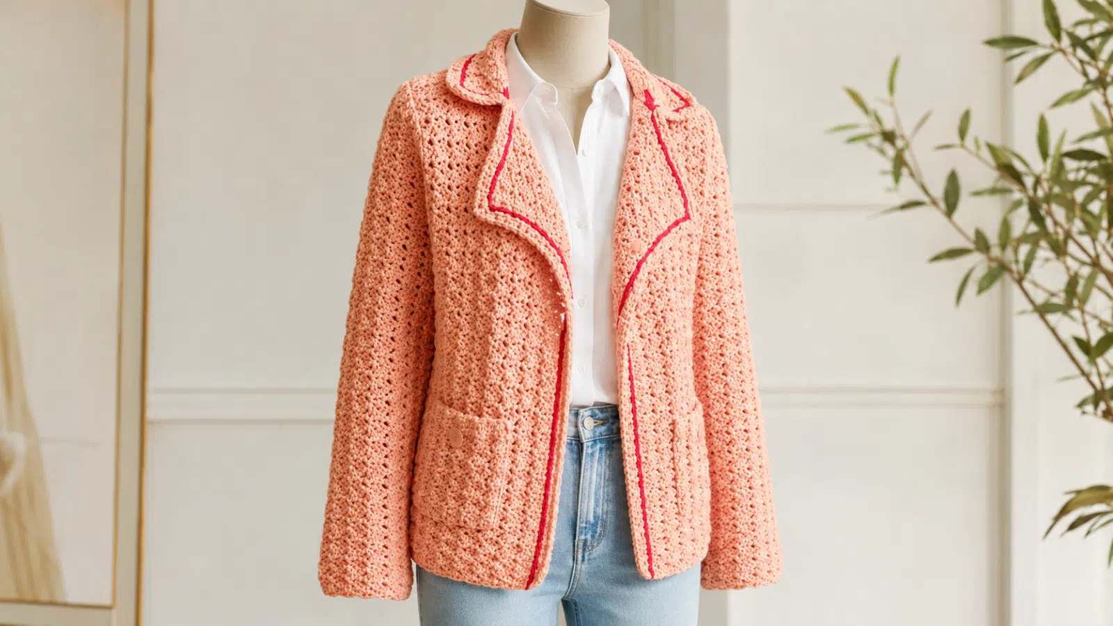 Casaco Paleta Clareza de crochê salmão com gola de blazer e contorno coral em manequim