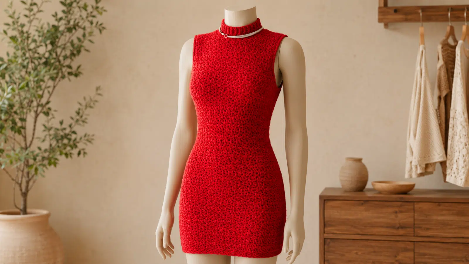 Vestido Musa vermelho de crochê sem mangas e com gola alta exibido em manequim