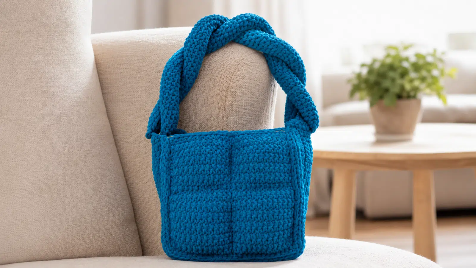 Puffer Bag azul em crochê sobre poltrona clara em uma sala aconchegante